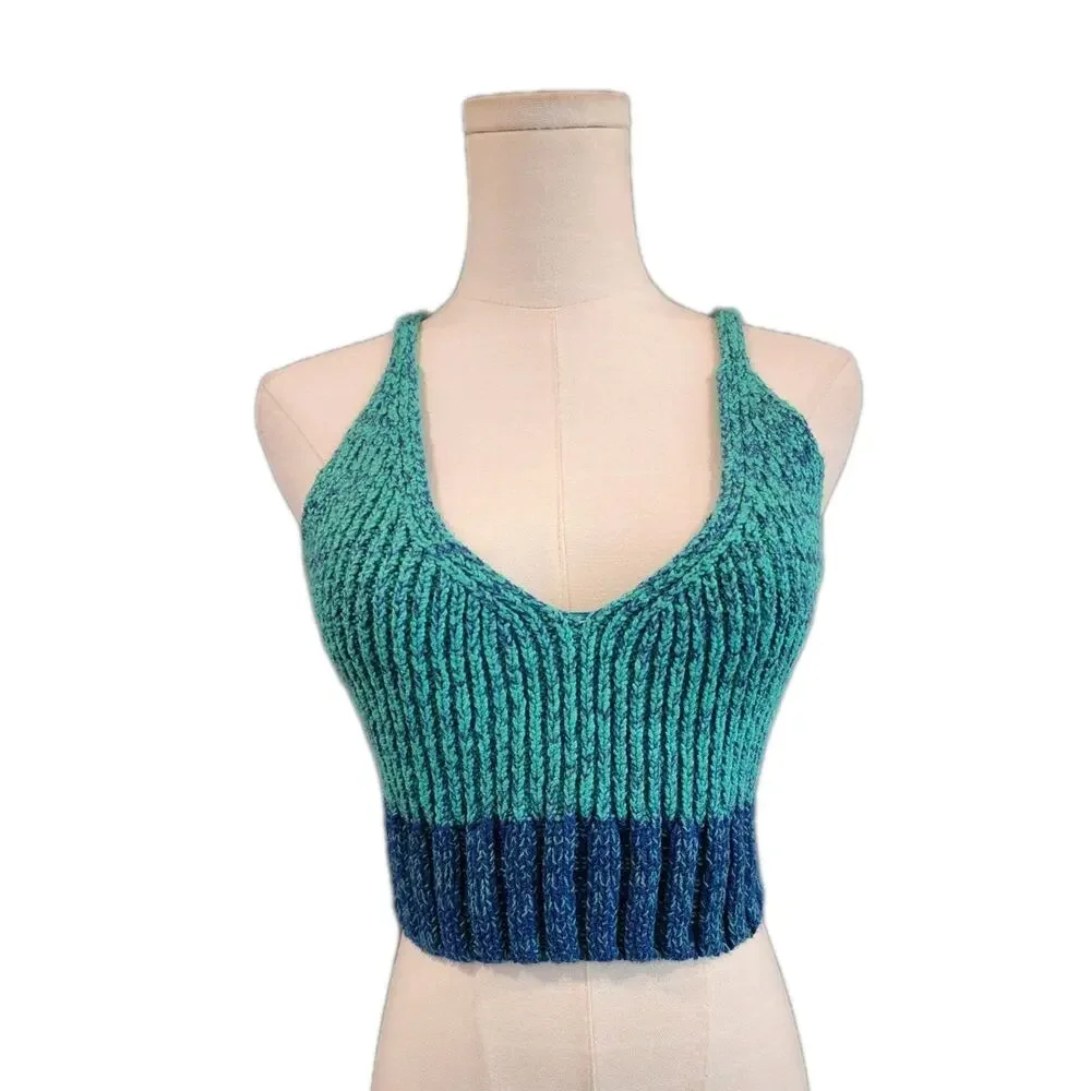 Free People Teal and Navy Ribbed Knit Crop Top